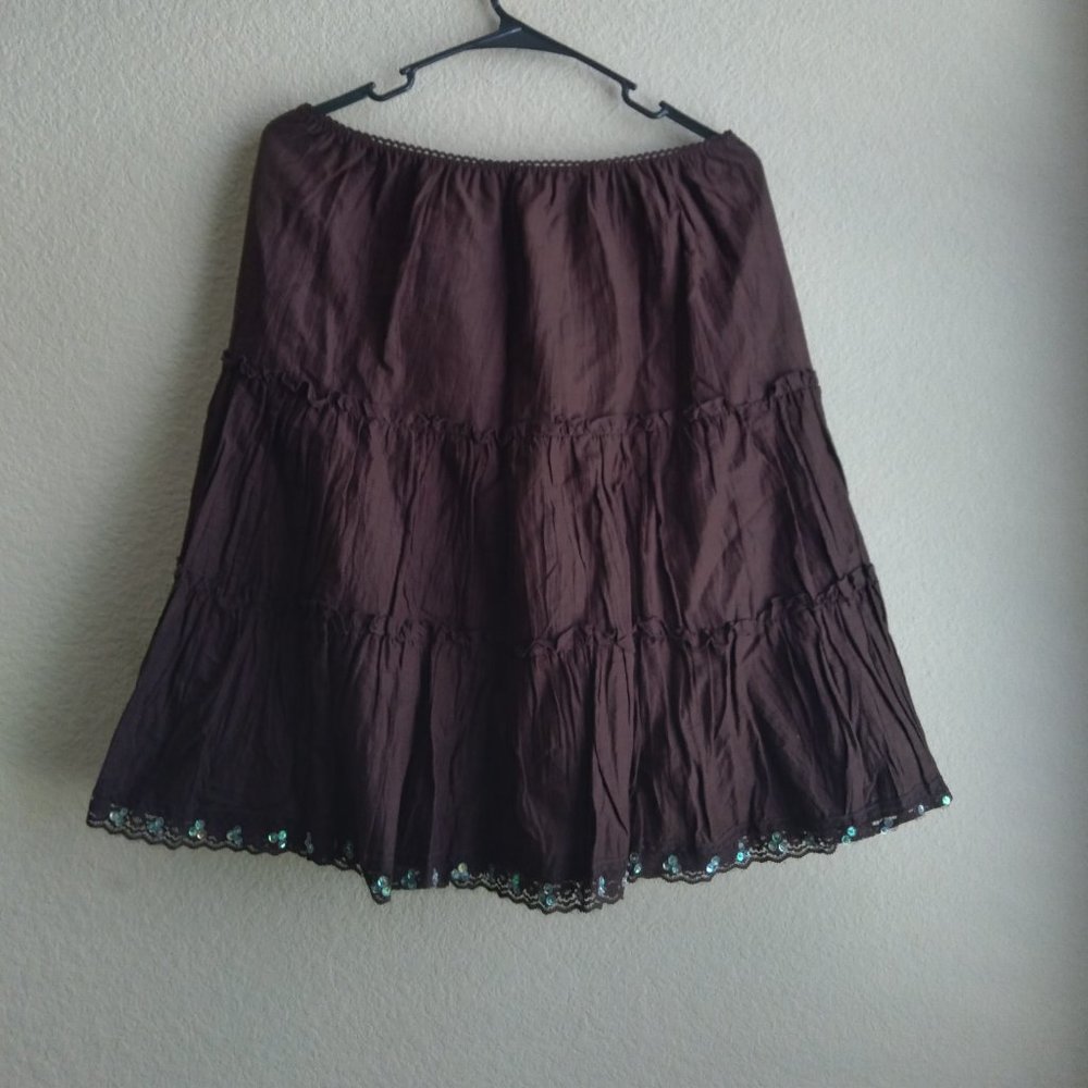 Vintage Y2K Mixit Brown Tiered Midi Skirt With Lace Hem and Sequins Size Medium